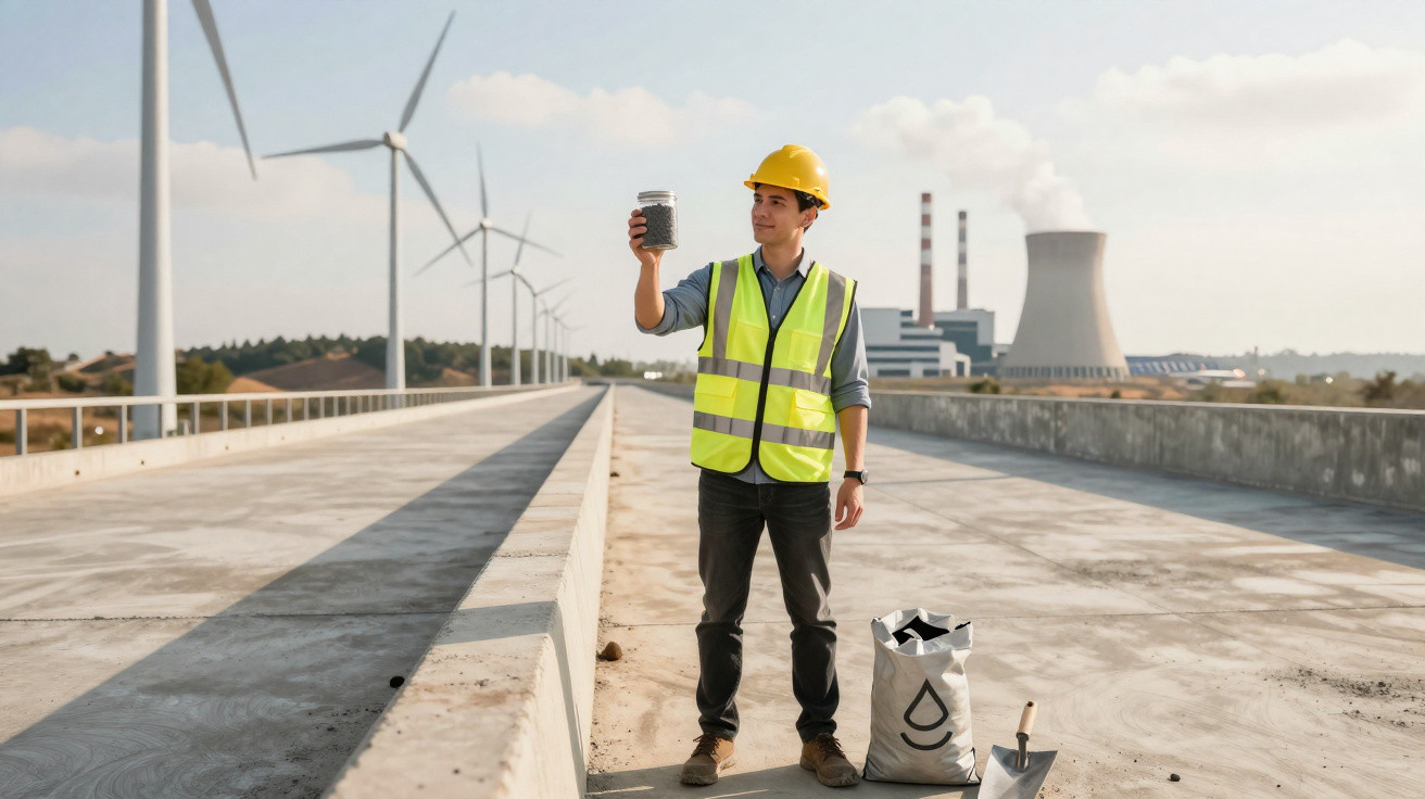 Engineer in safety gear holding a jar of soil on a wind farm with a power plant in the background.
