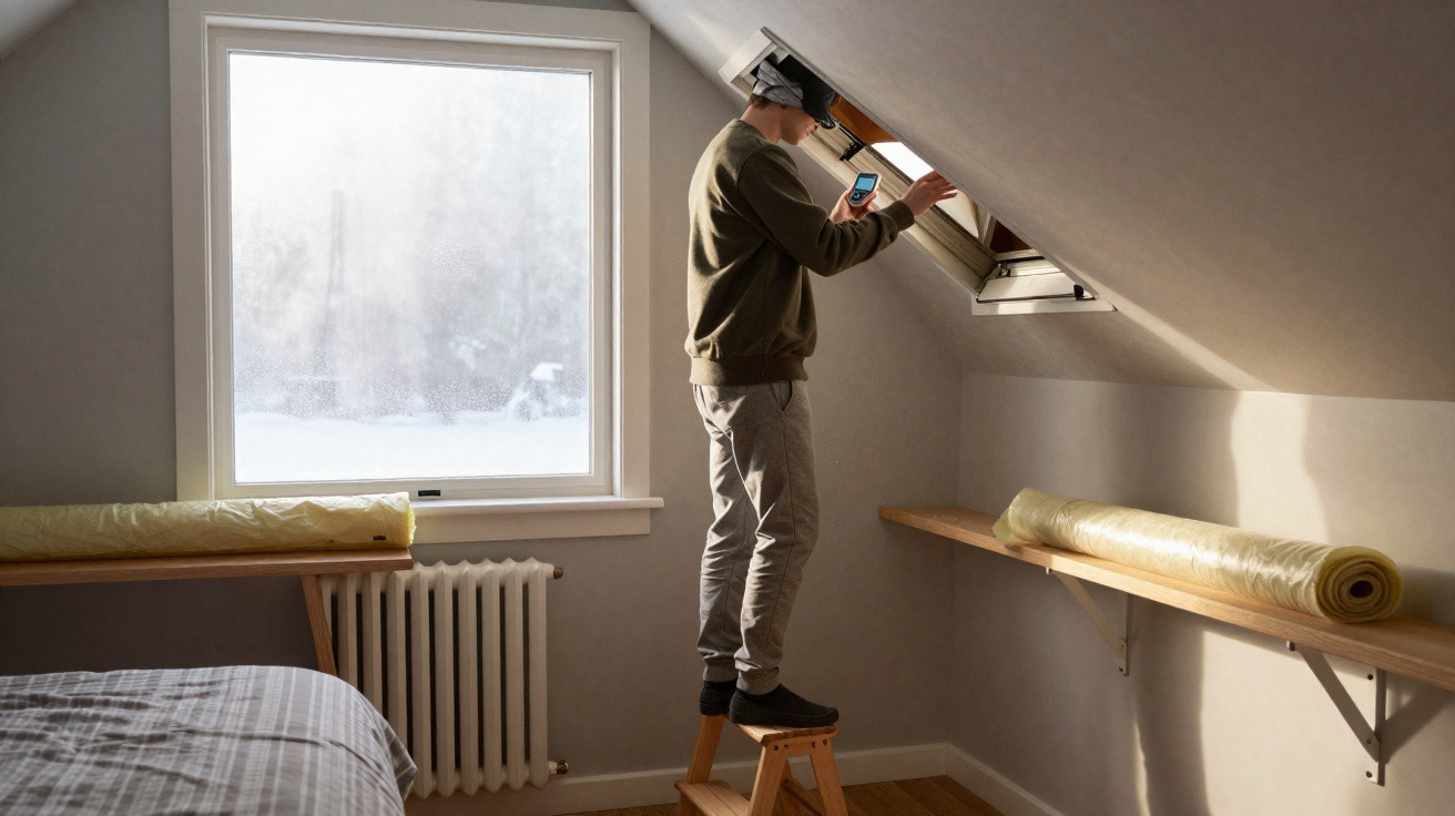 Person wearing headphones standing on a stool adjusting a skylight window in a small attic room with natural light.