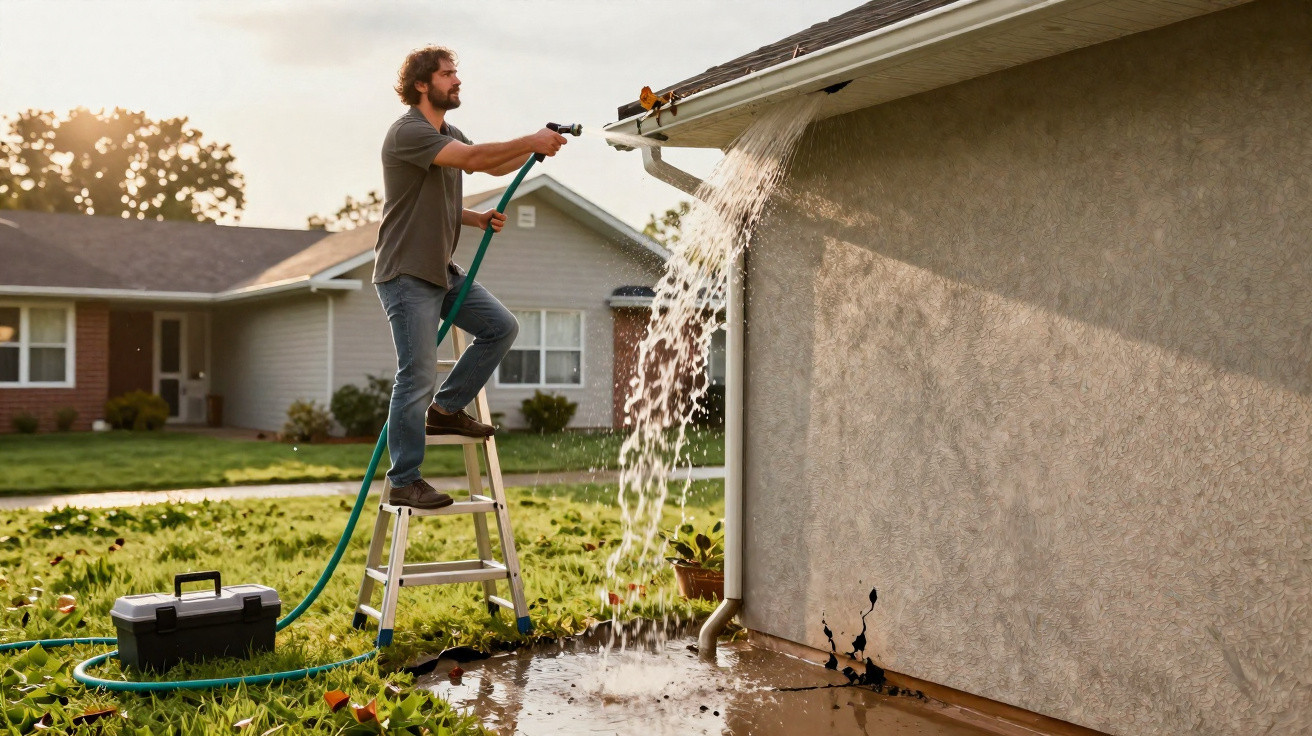 Man on a ladder spraying water from a hose onto an overflowing gutter of a house at sunset.