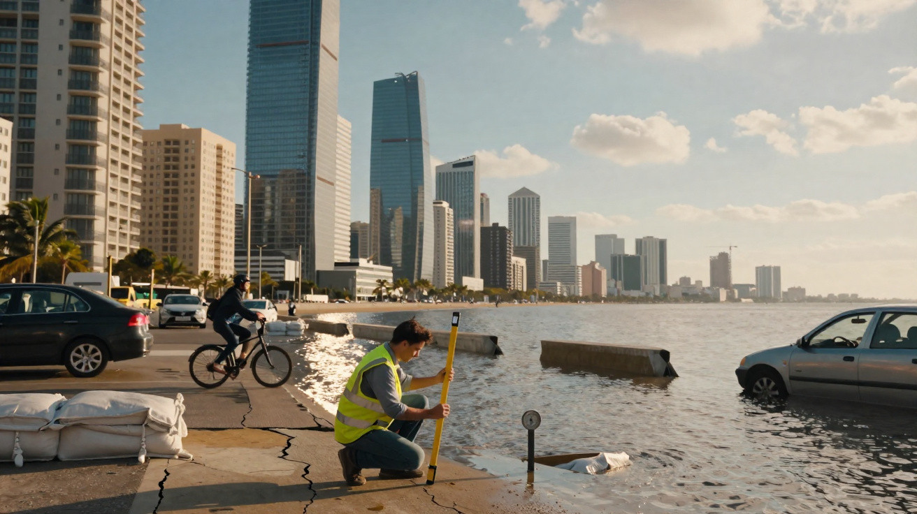 Flooded urban waterfront with a worker measuring water levels and a car partially submerged near high-rise buildings.