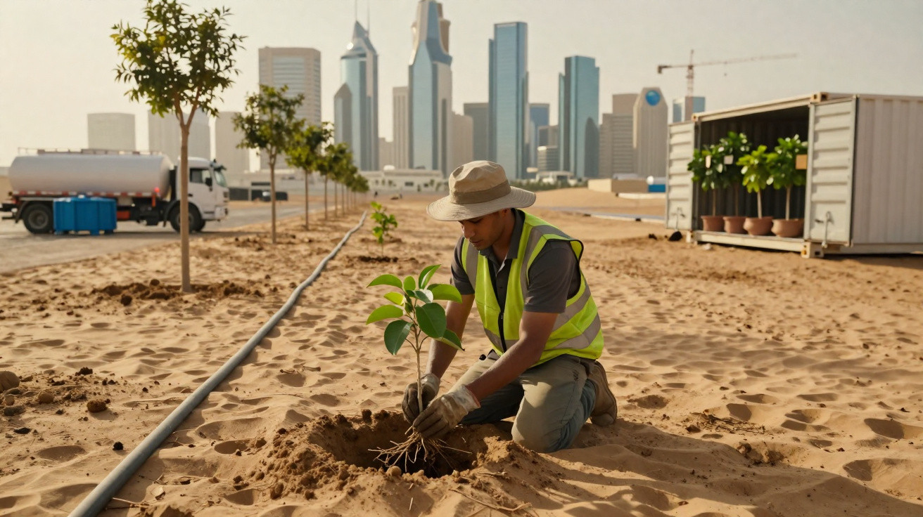 Man in safety vest and hat planting a young tree in sandy soil with city skyline in the background.