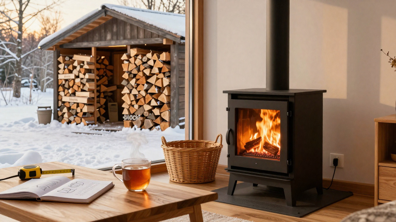 Cozy room with a lit wood stove, a basket, a tea cup, notebook, and snowy woodpile visible outside.