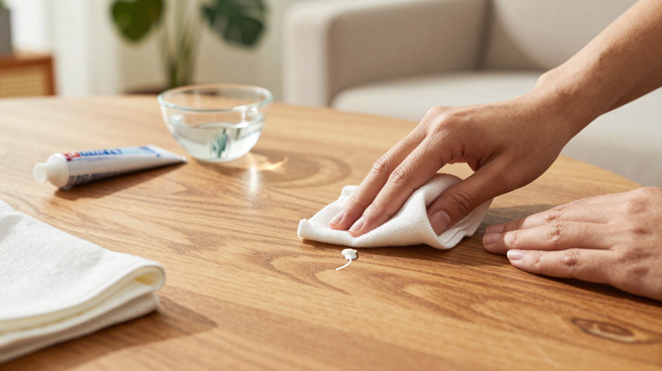 A person wiping white cream spill on a wooden table with a cloth, with a tube of cream and a bowl nearby.
