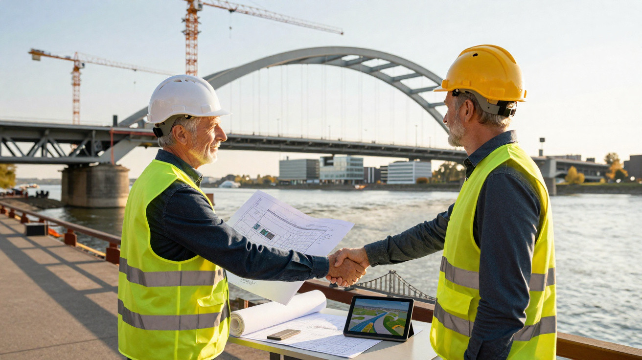 Two construction workers in helmets and hi-vis vests shaking hands by river with bridge in background.