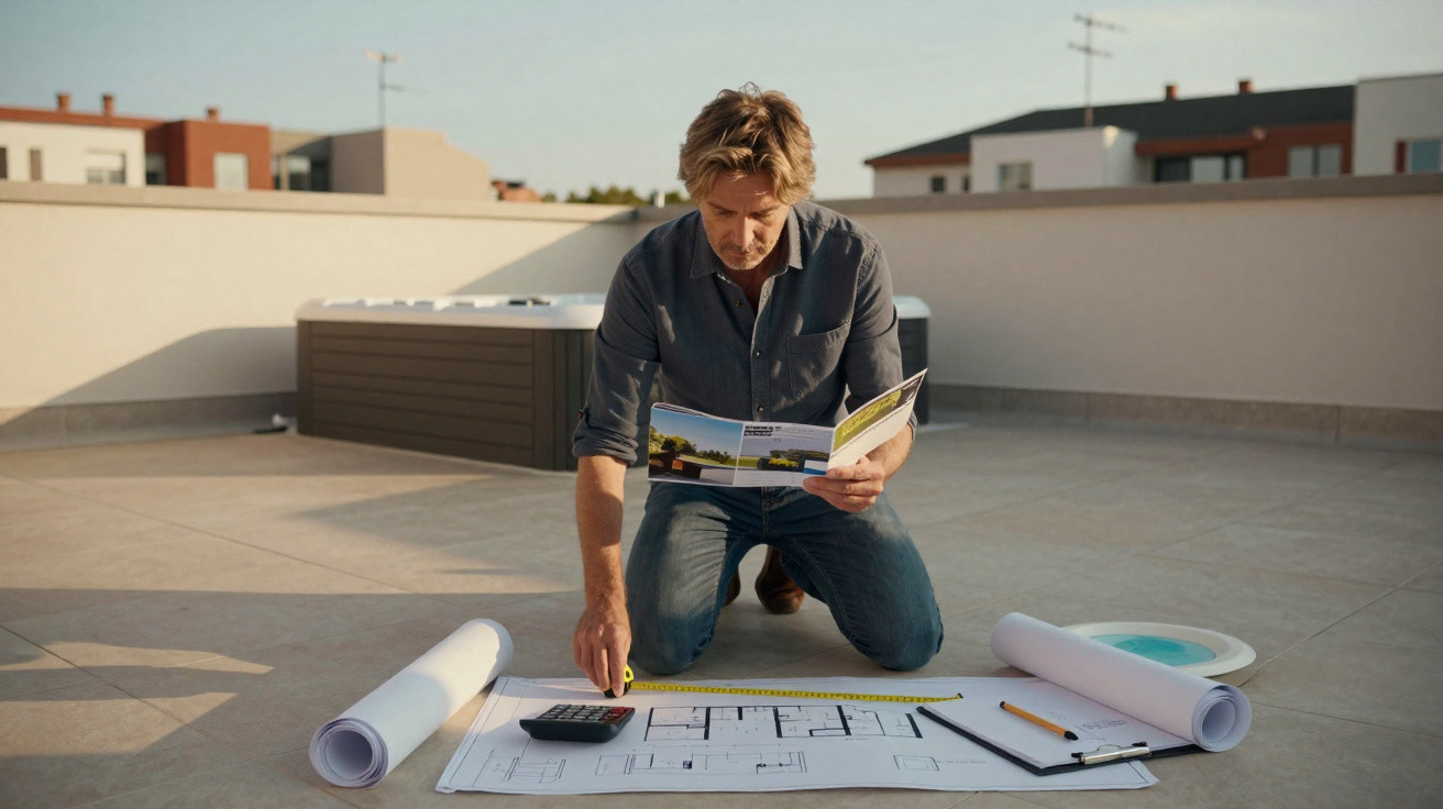 Man kneeling on rooftop terrace reviewing architectural plans with measuring tape and calculator.