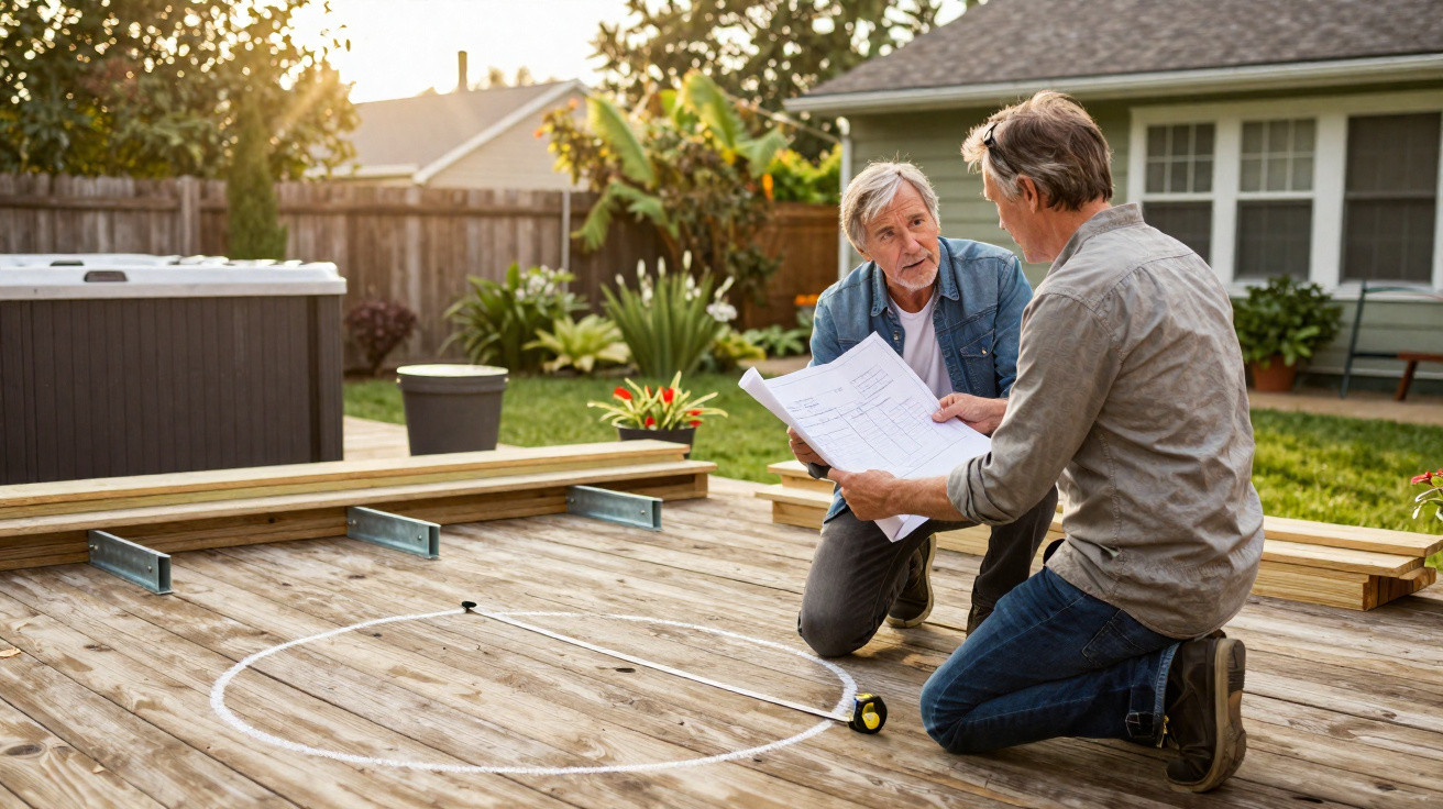 Two men kneeling on a wooden deck discussing plans for a circular design marked on the floor outdoors.