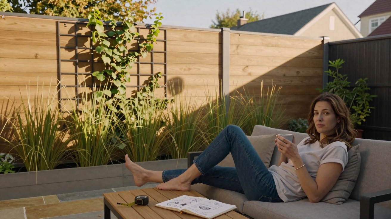 Woman in casual clothes relaxing on a patio sofa holding a cup with a notebook on the table beside her