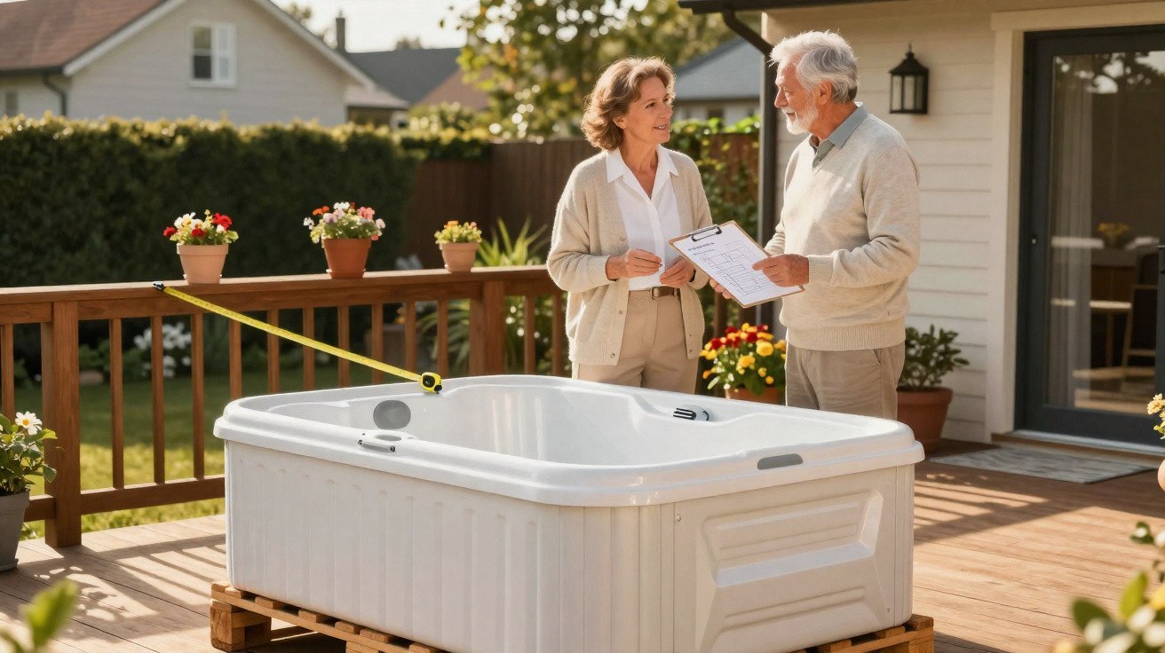 Elderly couple discussing plans with clipboard while measuring a hot tub on a sunny patio.