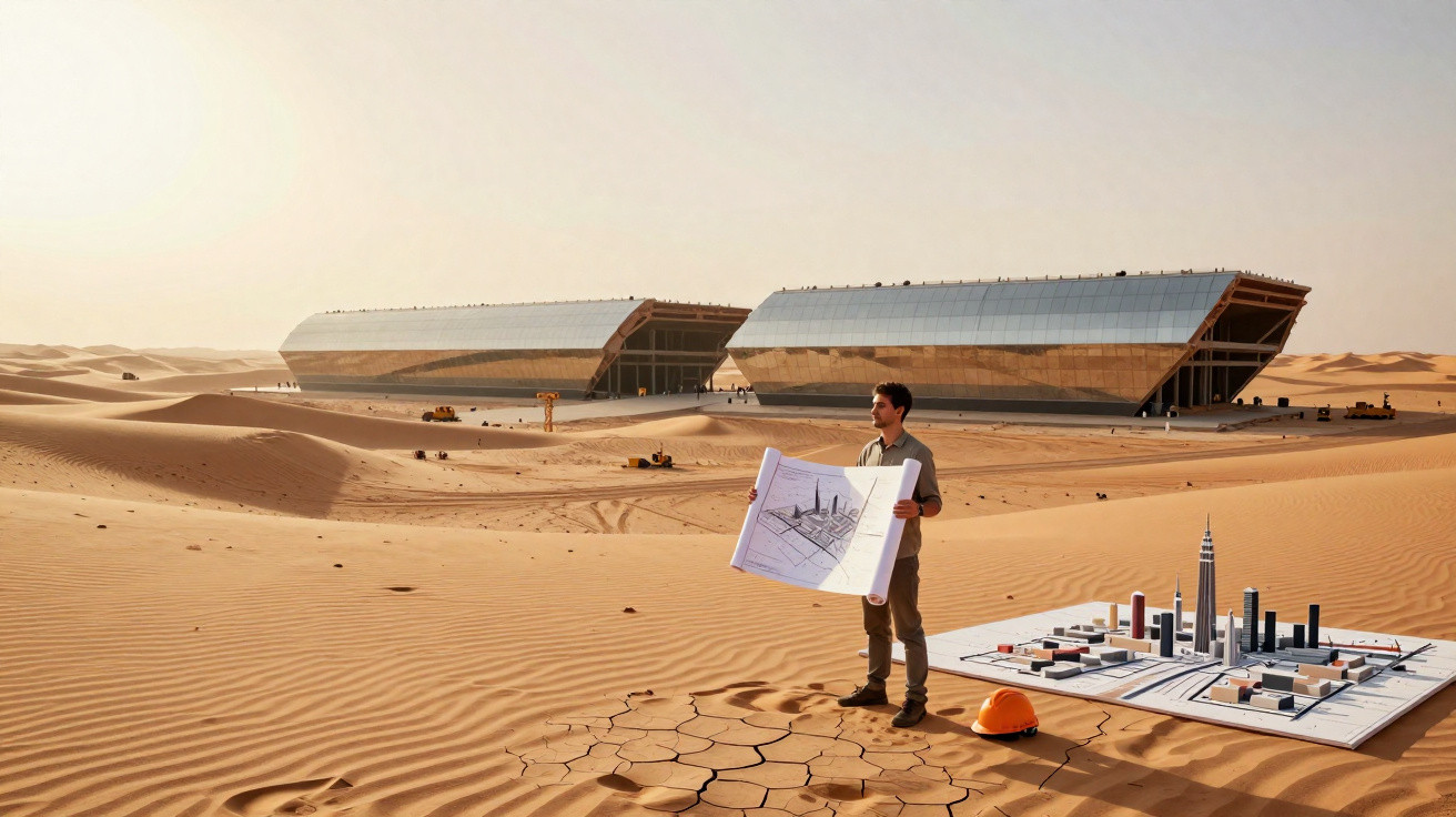 Man holding architectural plans stands next to a city model on desert sand with futuristic buildings in the background.