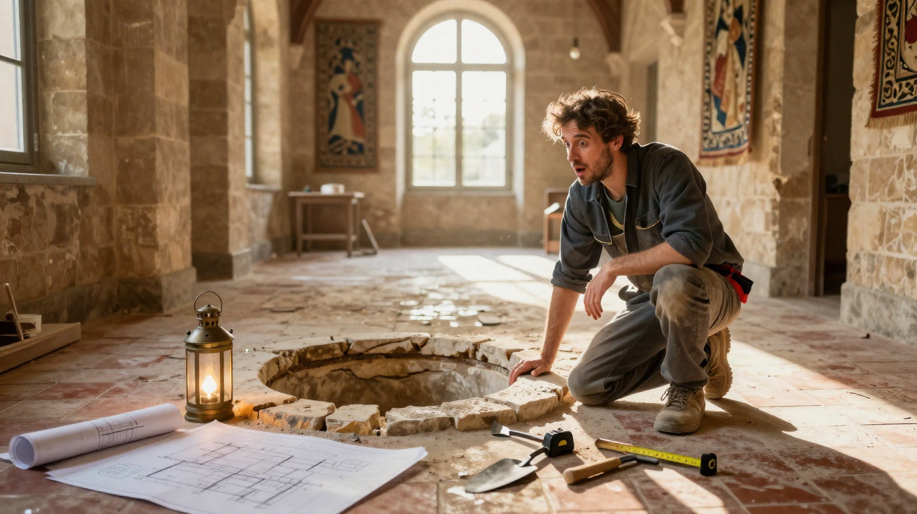 Man in casual clothes kneeling beside an ancient stone well inside a historic building with tools and plans.
