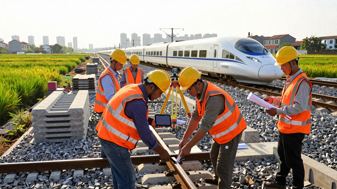 Engineers in hard hats and orange vests working on railway tracks beside a white high-speed train.