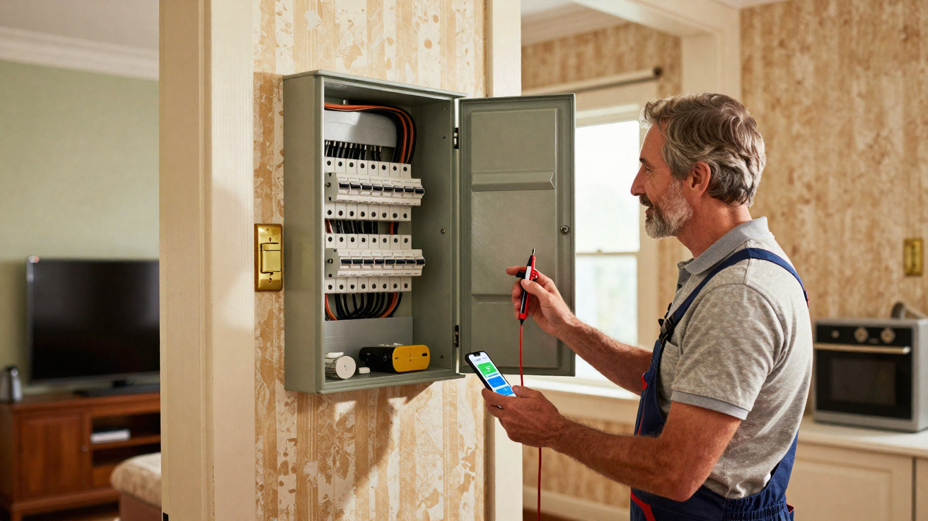 Electrician checking circuit breakers in a fuse box with a digital tester in a domestic setting