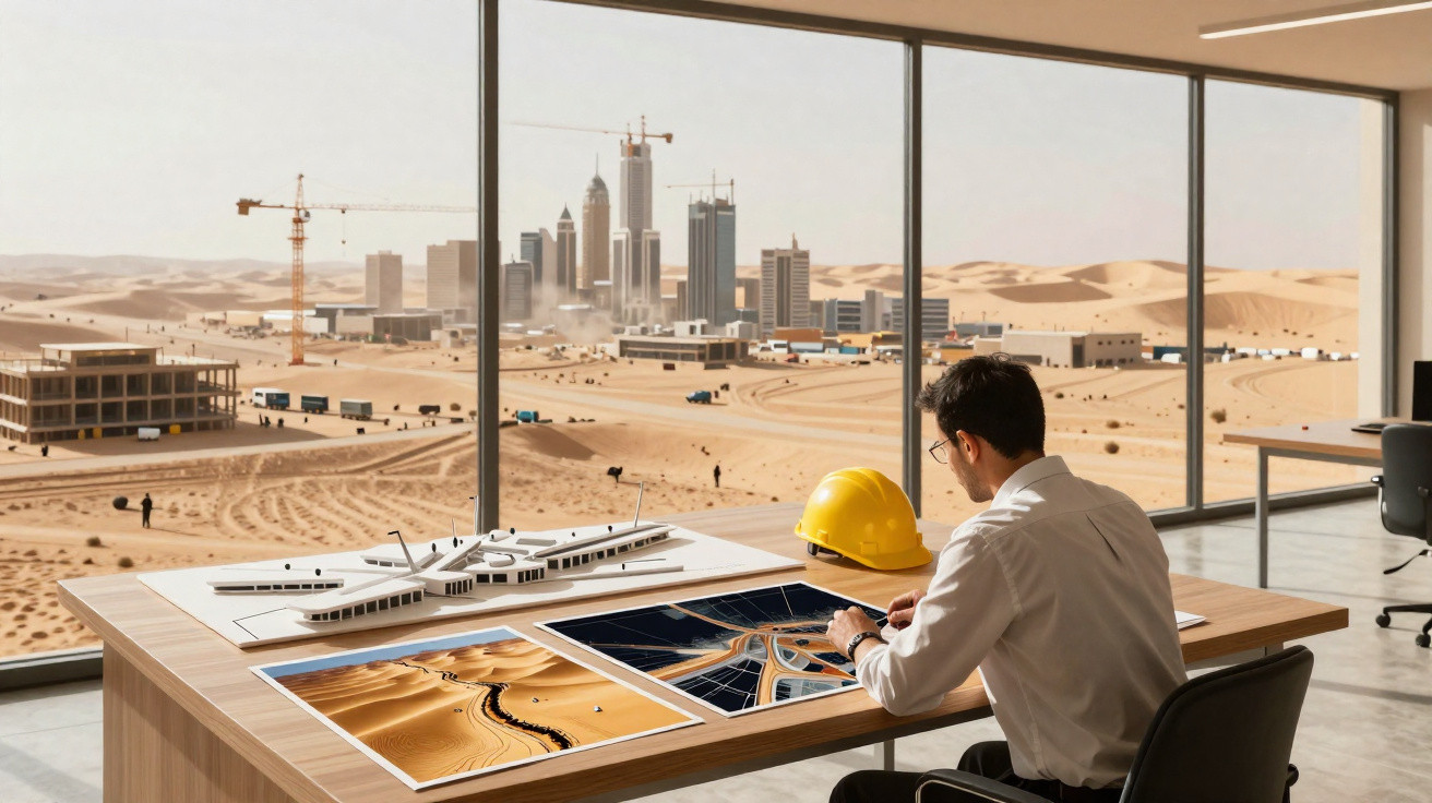 Engineer in office reviewing construction plans with city skyline and desert construction site visible through window.
