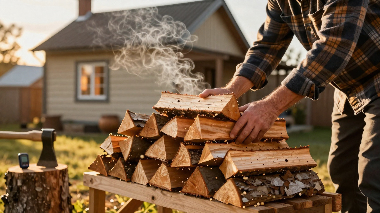 Hands stacking smoking firewood on a wooden rack outside a house in the late afternoon light.