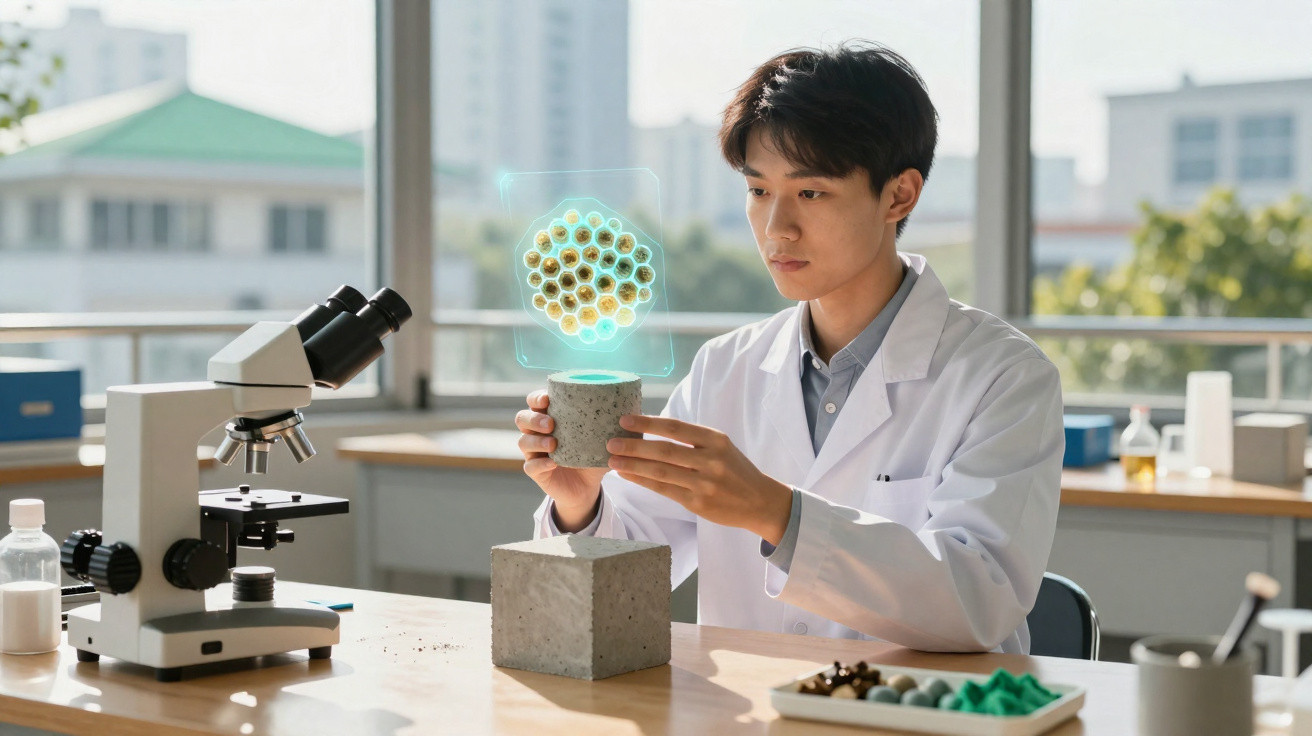 Scientist in a lab coat examining a concrete block with a digital molecular structure hologram above it.
