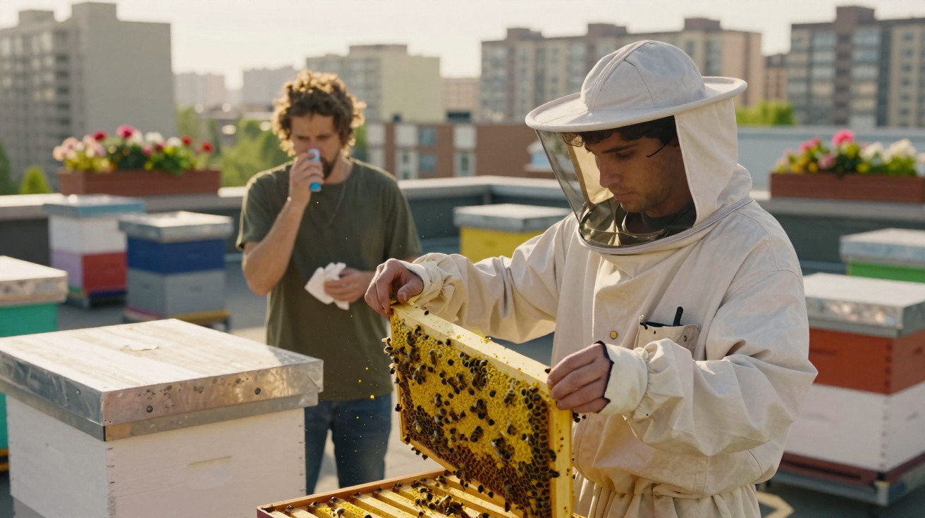 A beekeeper in protective gear inspects a honeycomb frame on a rooftop apiary in an urban setting.