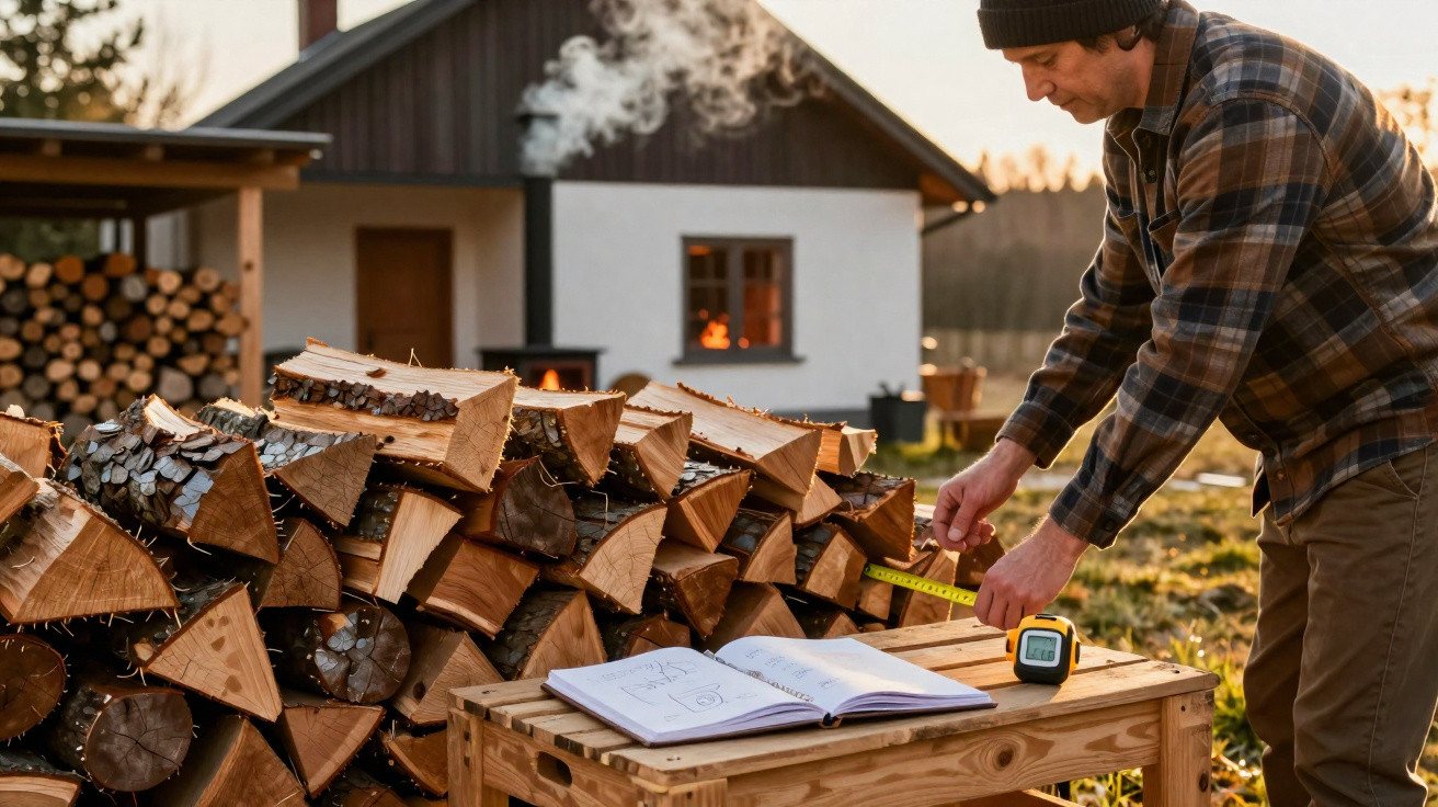 Man measuring wooden logs outdoors with a tape measure and open book on a workbench near a house with smoke.