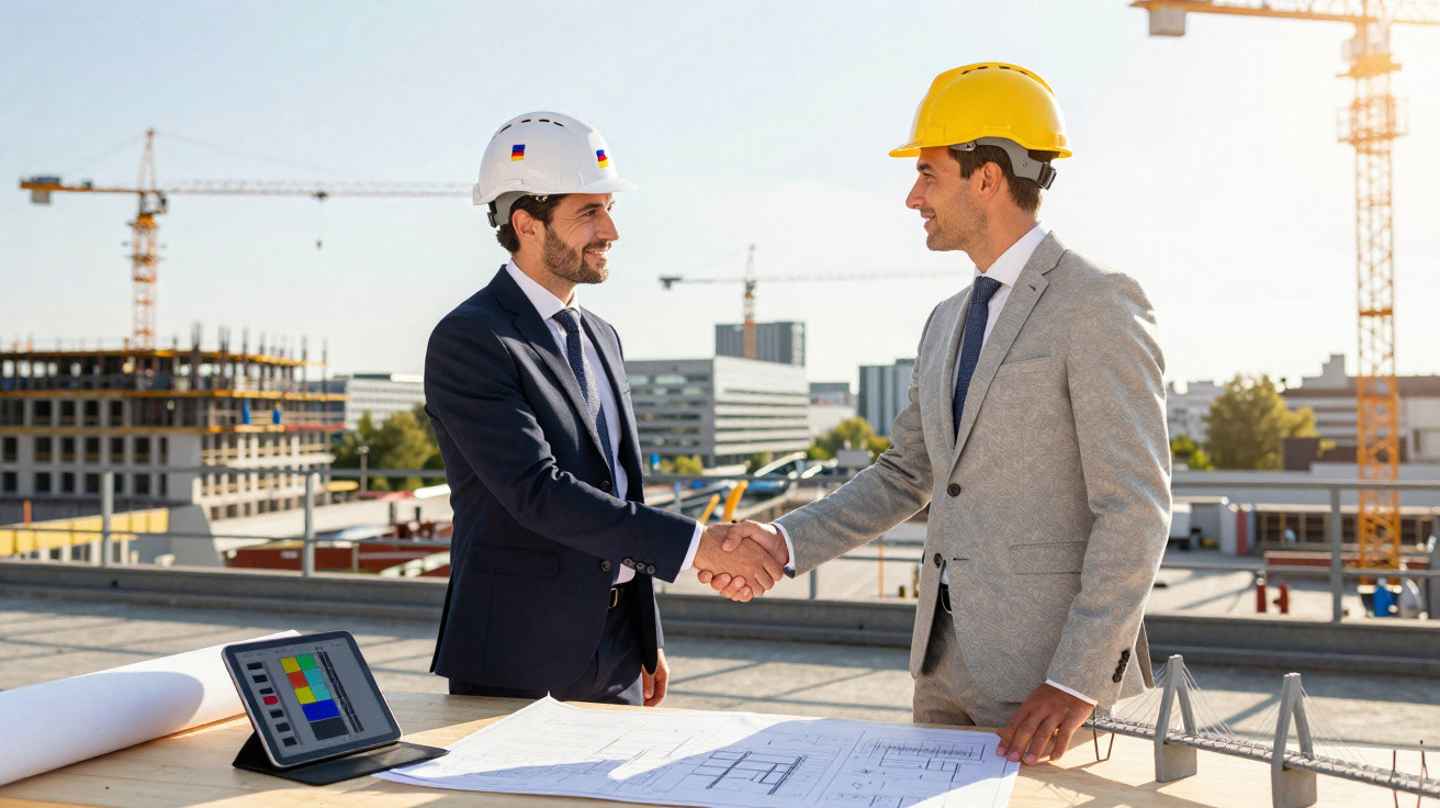 Two male architects in suits and helmets shaking hands at a construction site with blueprints and a tablet.