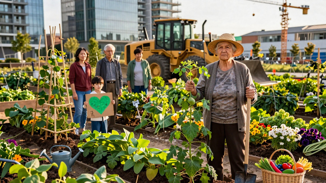 Multigenerational group gardening in a community allotment with urban buildings and machinery in the background.