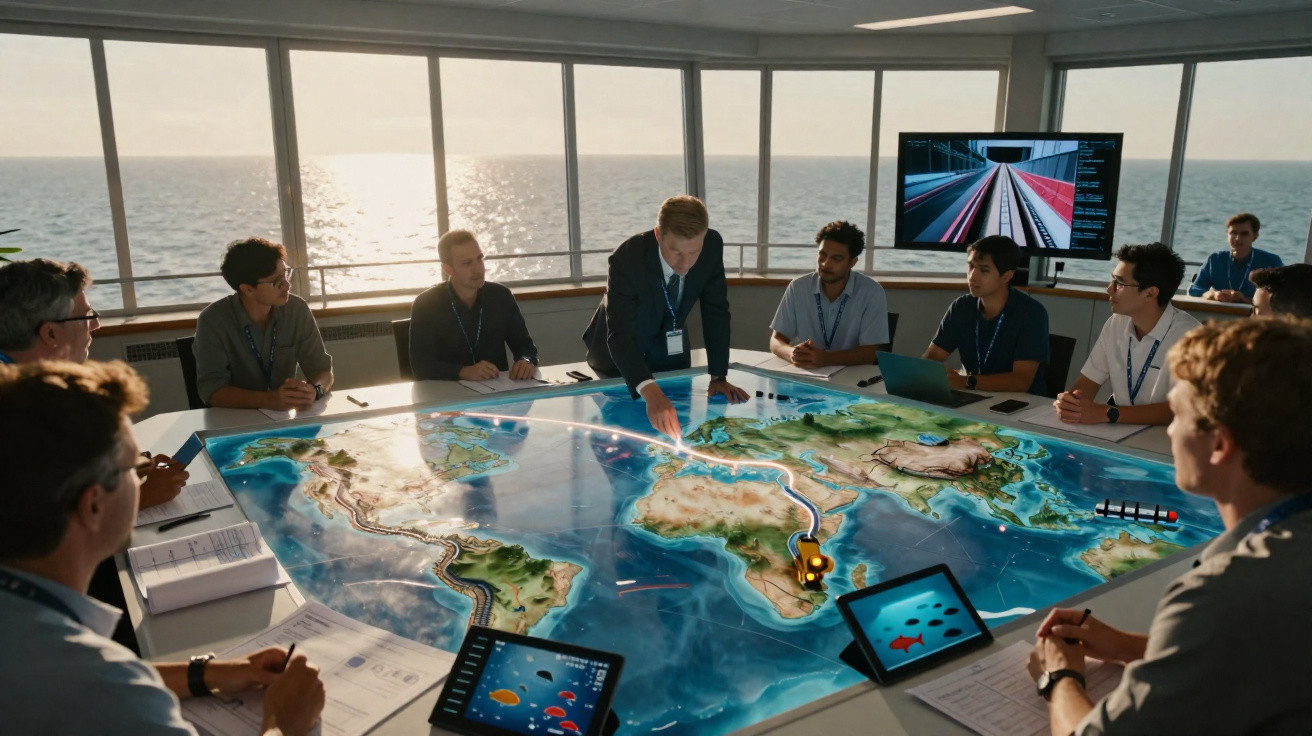 Business team discussing global map with digital touchscreens in a conference room overlooking the sea.