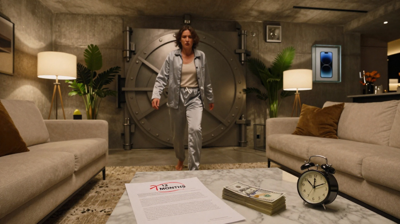 Person in silver pajamas walking in modern living room with a vault door, money, clock, and document on marble table.