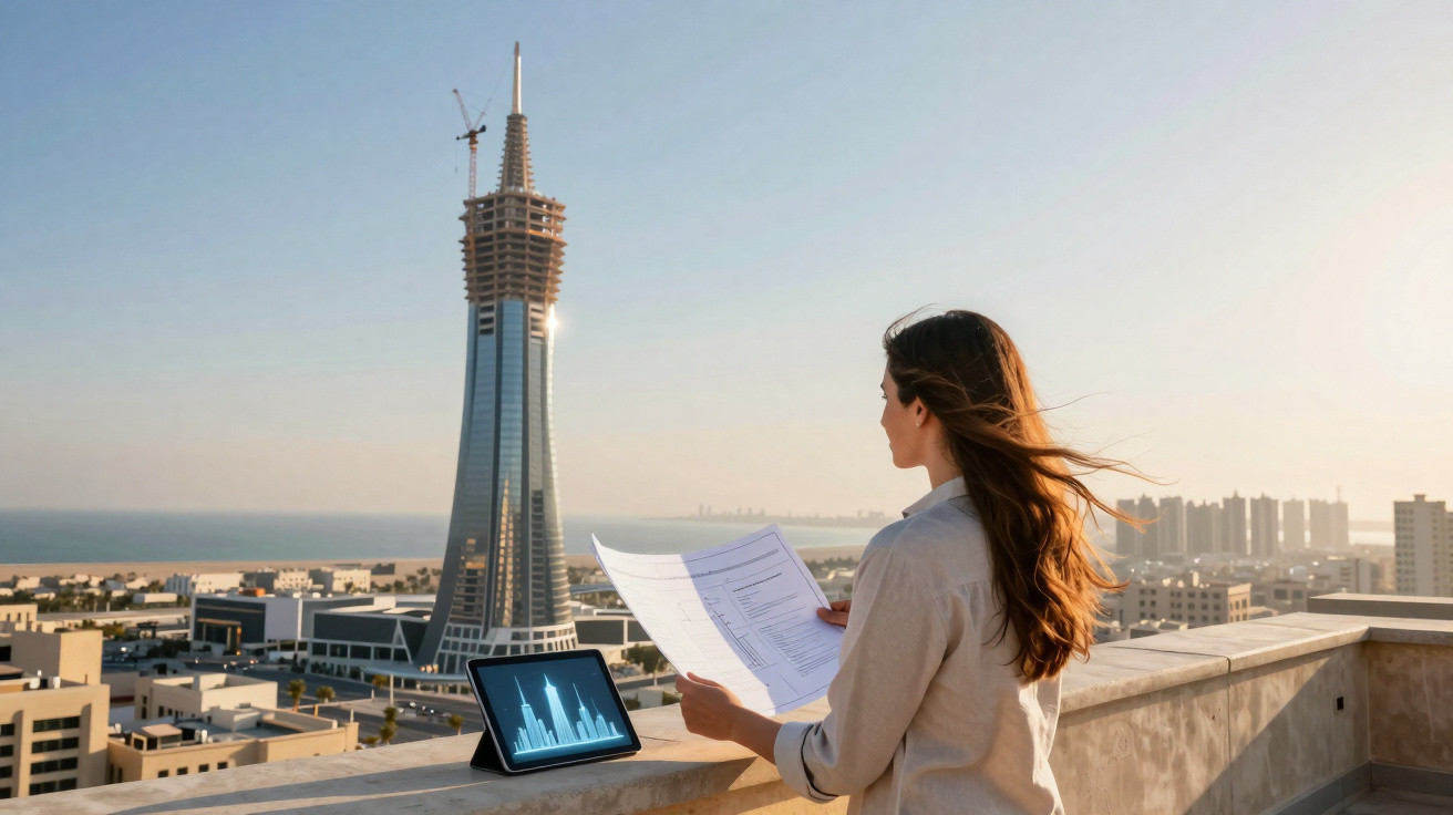 Woman holding building plans on rooftop overlooking modern skyscraper under construction and cityscape at sunset