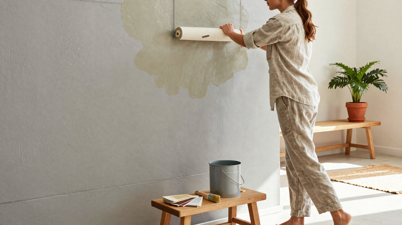 Woman painting a wall light grey using a paint roller in a sunlit room with a bench and potted plant.