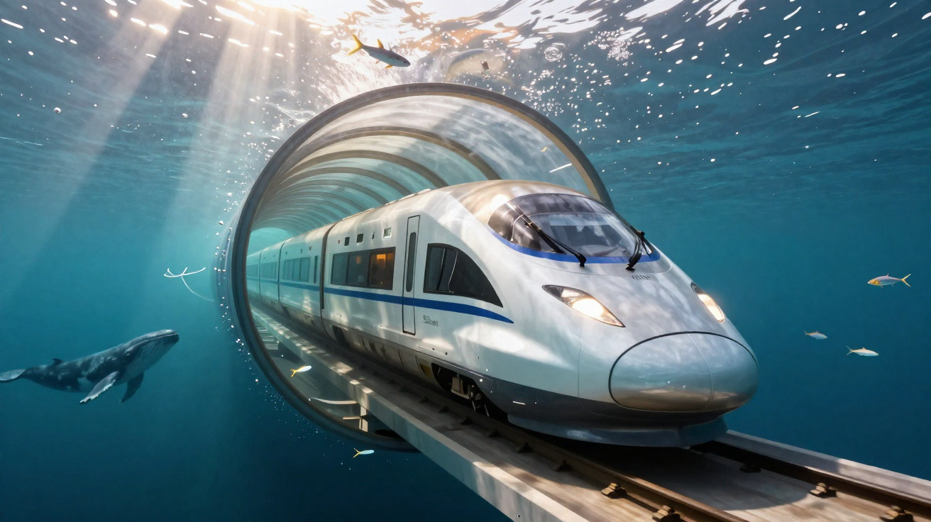 High-speed train travelling through a transparent underwater tunnel with fish and a whale nearby.