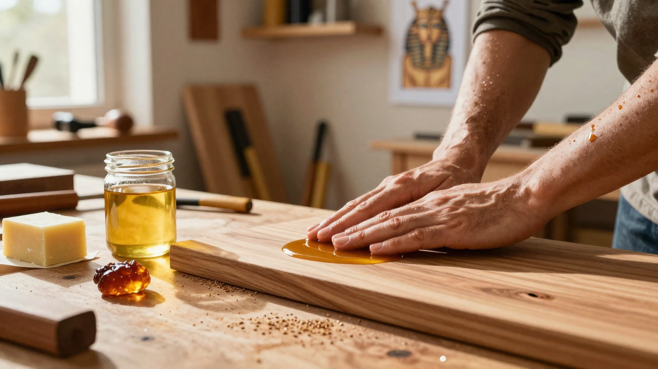 Person applying amber-colored wood finish on a wooden board in a workshop with tools nearby.