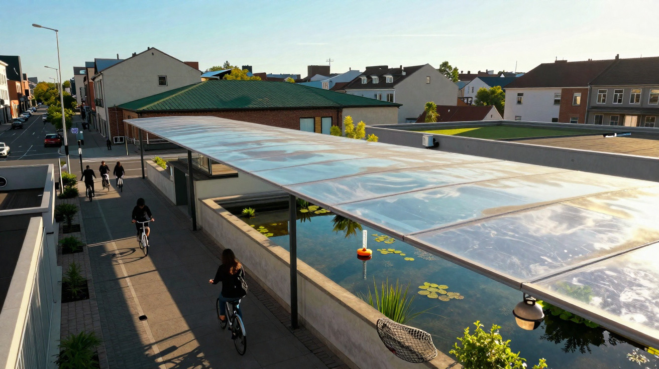 People cycling on a shaded urban pathway beside a pond with lily pads on a sunny day.