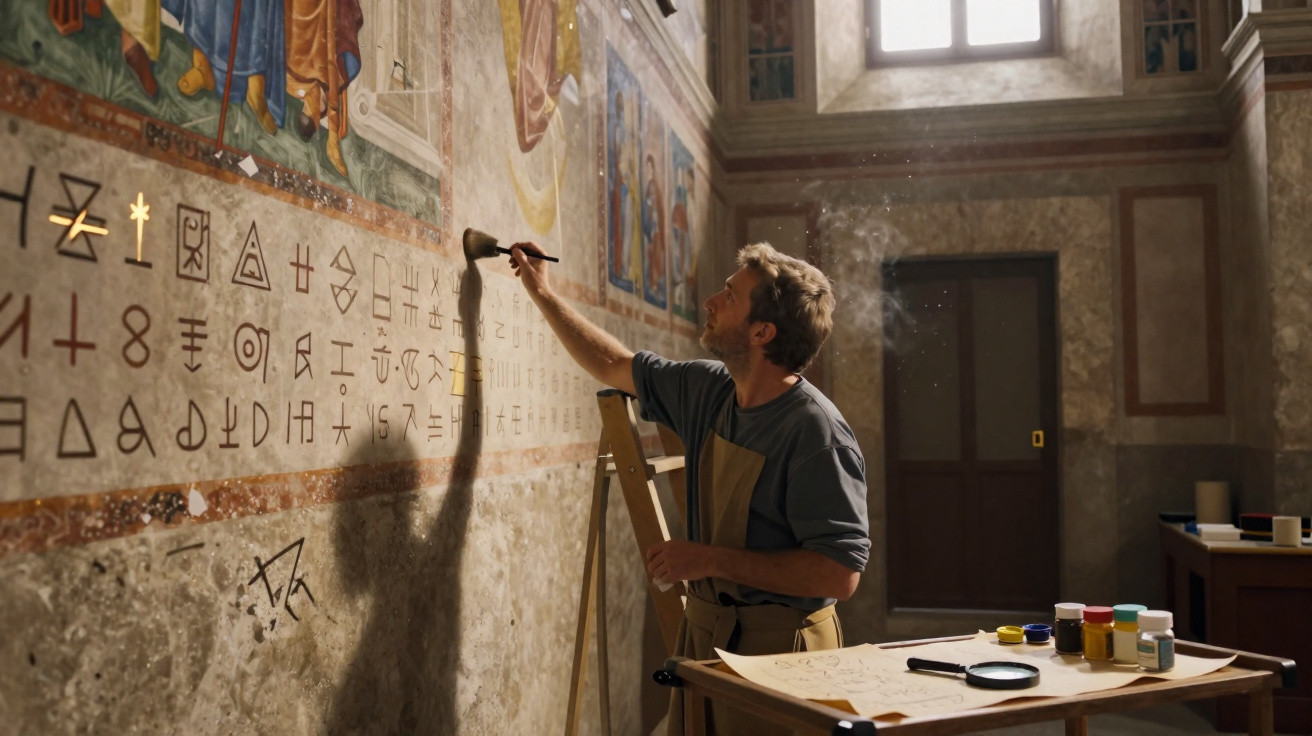 A man carefully restores ancient symbols on a mural inside a historic building using a brush.