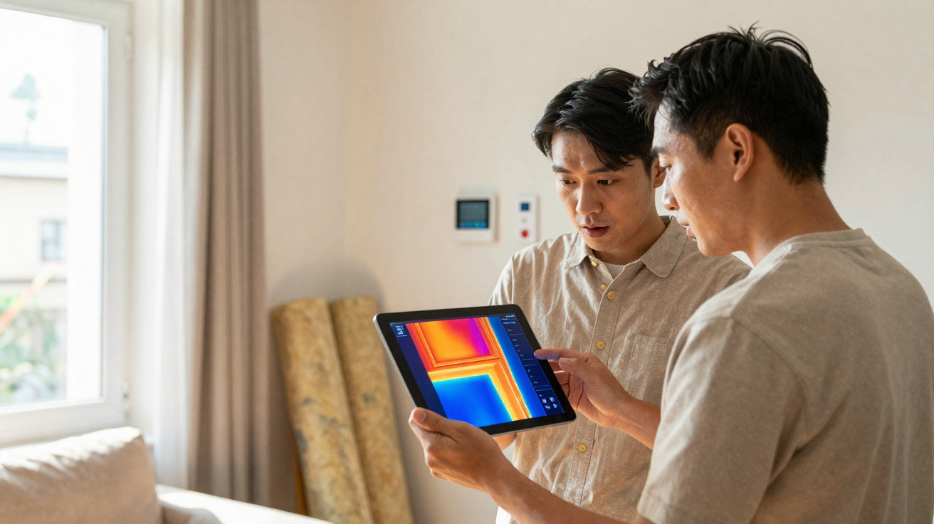 Two men examining thermal imaging data on a tablet inside a modern room near a window.