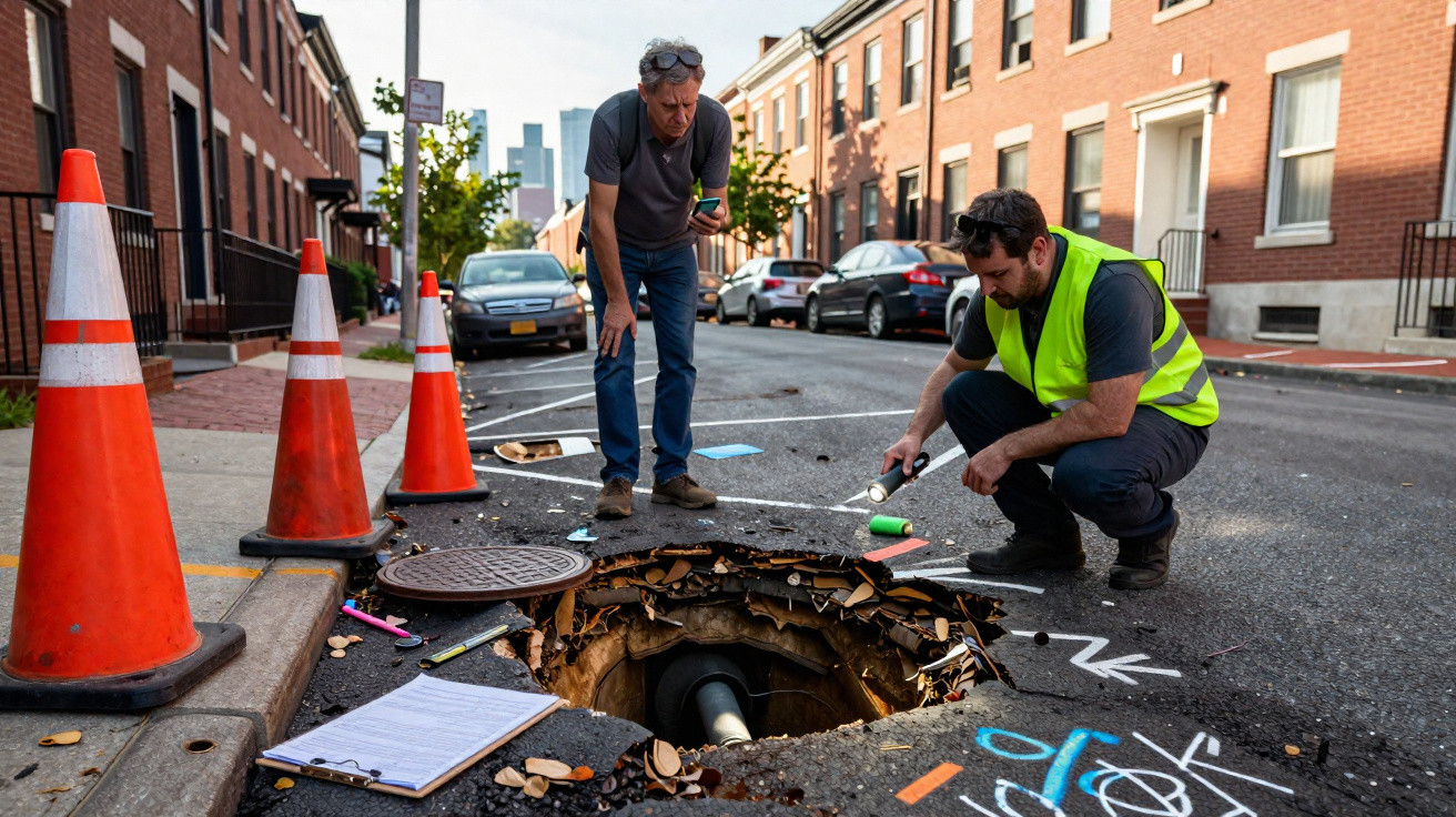 Two men inspect a sinking road around an open manhole on a city street, marked with cones and chalk outlines.
