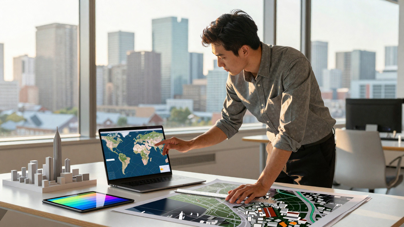 Man working on urban planning with a city map and 3D model in an office overlooking a city skyline.