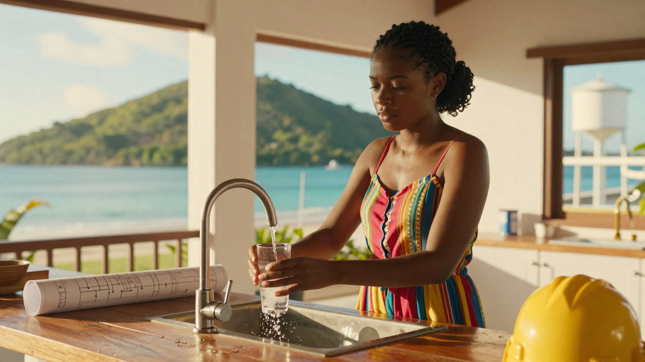 Woman in a colourful dress filling a glass with water at a kitchen sink with a scenic sea view outside.