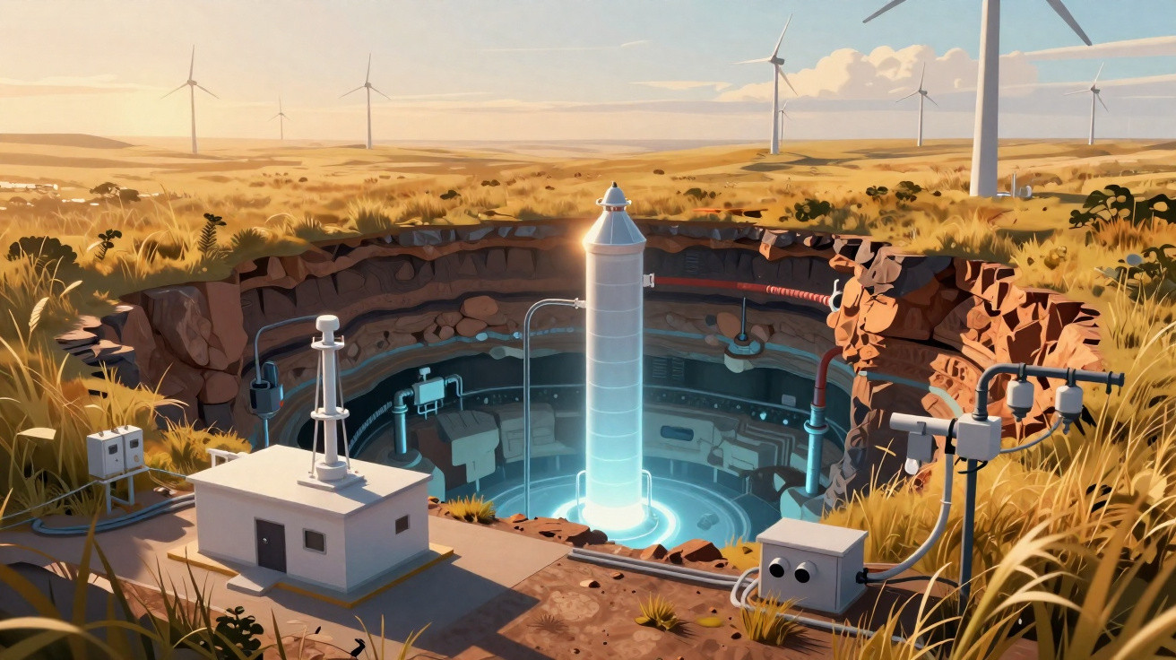 Futuristic underground research facility with glowing tower in a grassy field, surrounded by wind turbines at sunset.