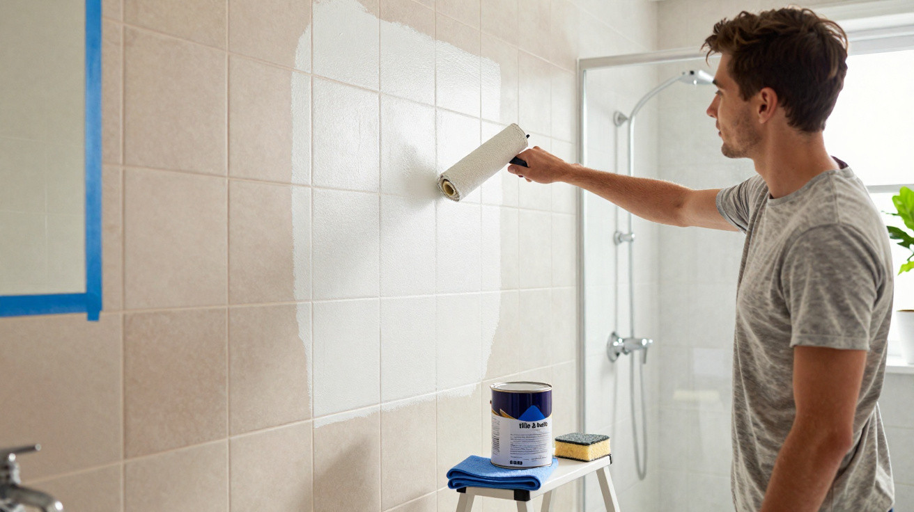 Man painting beige bathroom tiles white with a roller, with paint can and tools on a stool nearby.