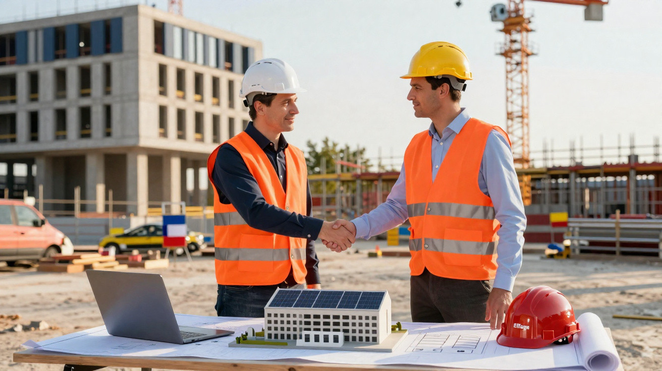 Two construction workers in helmets and orange vests shaking hands at a building site with model and plans.