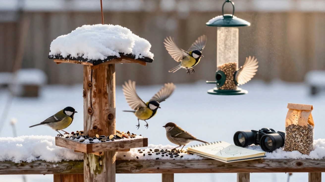 Birds feeding on seeds at a snowy wooden bird feeder with binoculars and a notebook nearby.