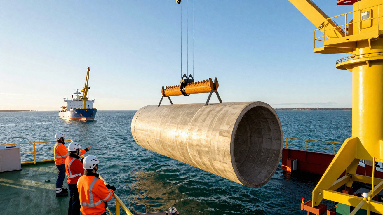 Workers in safety gear guide a large concrete pipe being lifted over the sea by a crane on a vessel.