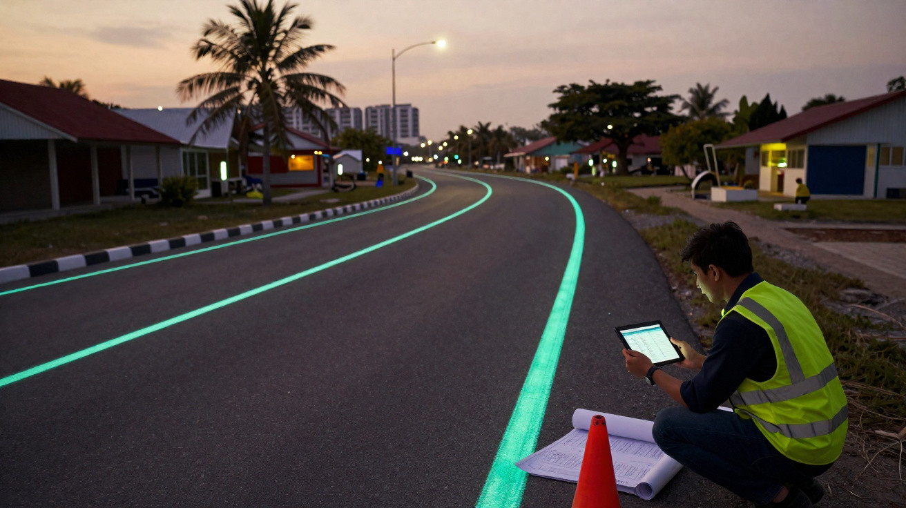 Person in a reflective vest kneeling by a road with glowing blue lane markings at dusk in a suburban area.