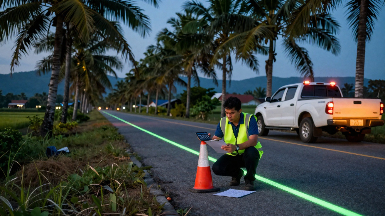 Surveyor in a high-visibility vest kneeling on a country road at dusk, measuring along a glowing green line with traffic cone