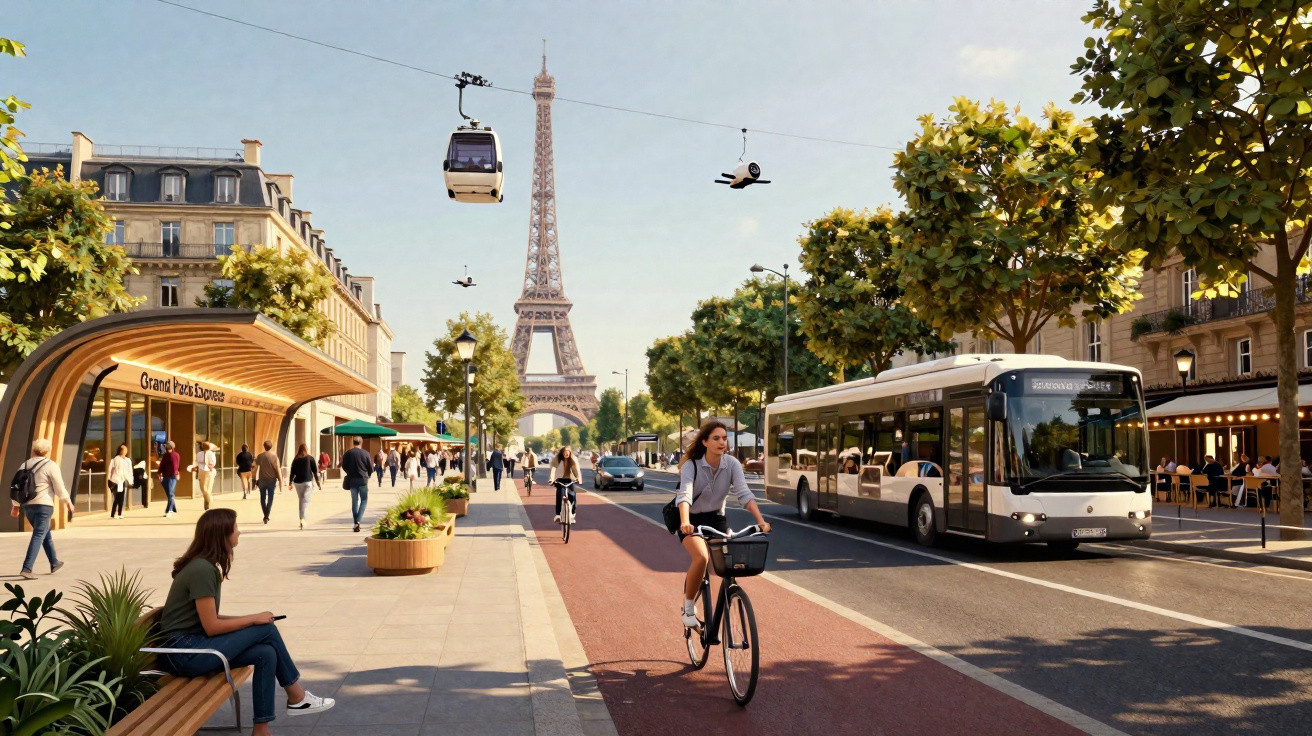 Cyclists, pedestrians, and a bus at a plaza near the Eiffel Tower with cable cars overhead in Paris.