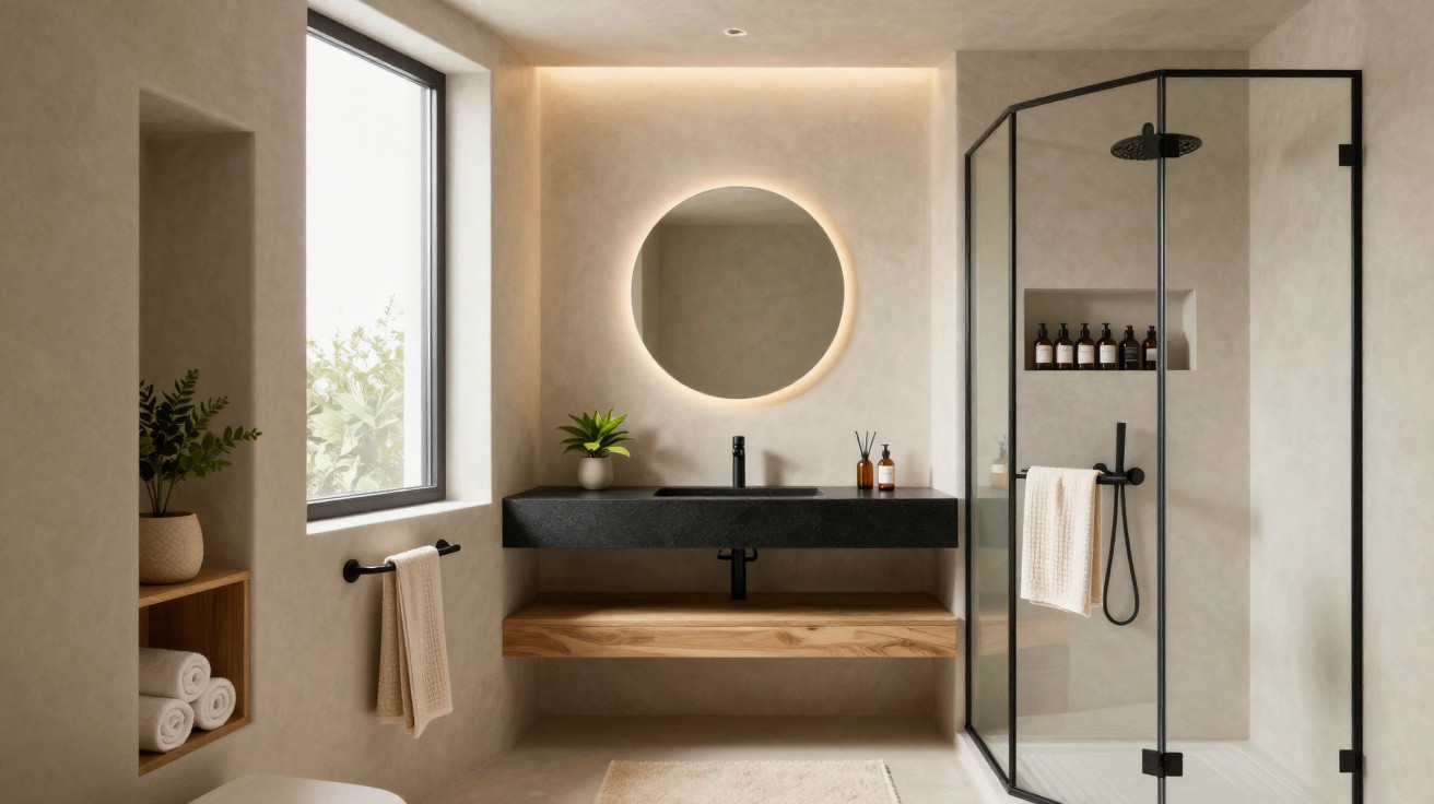 Modern bathroom with round backlit mirror, black sink, wooden shelf, glass shower enclosure, and beige walls.