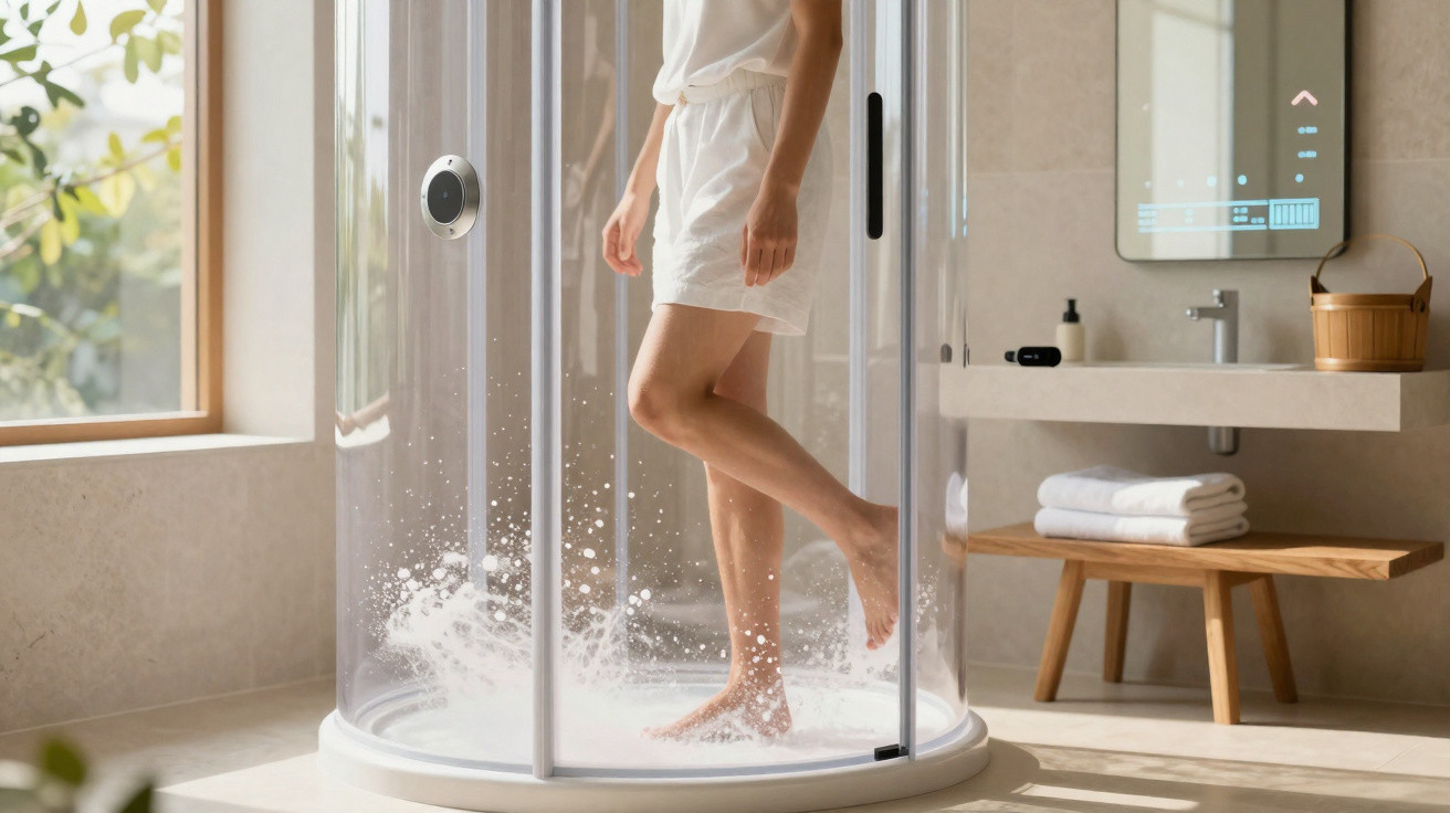 Person stepping into a modern circular shower enclosure with water splashing on the floor in a bright bathroom.