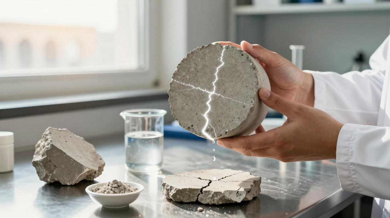 Hands holding a cracked concrete core sample with water dripping onto broken concrete on a lab table.