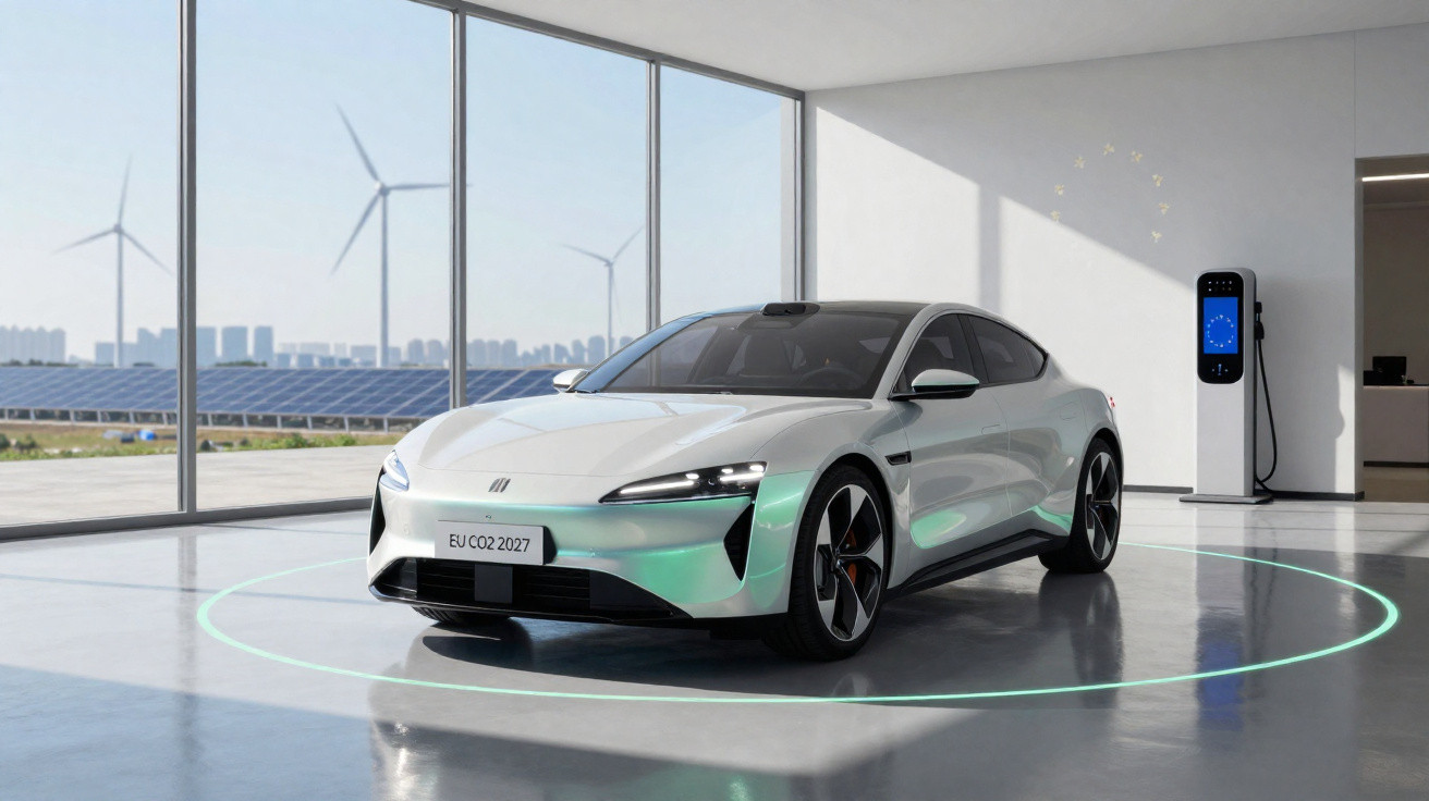 White electric car parked indoors next to a charging station with wind turbines and solar panels outside.