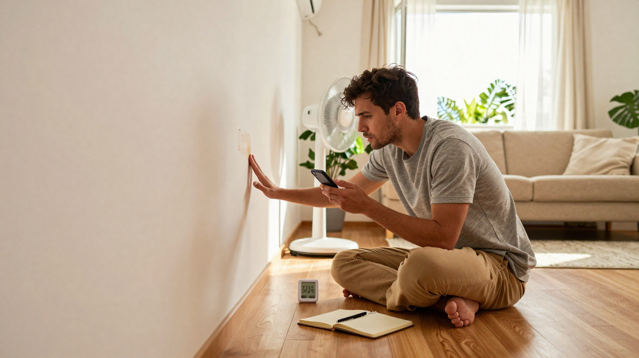 Man inspecting wall damage while sitting on wooden floor in a bright living room with a fan and sofa nearby.