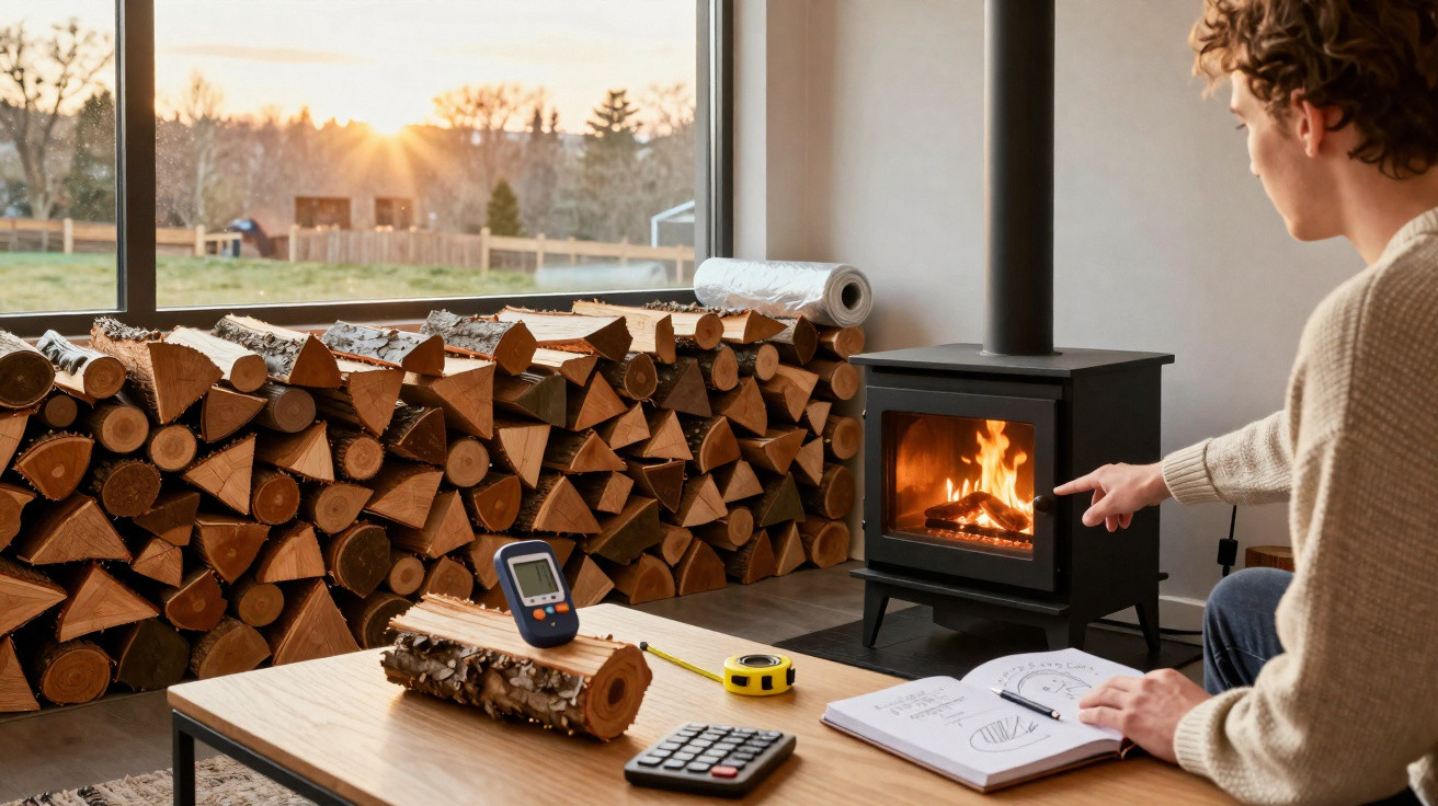 Person sitting by a lit wood stove in a room with stacked firewood and a sunset outside the window.