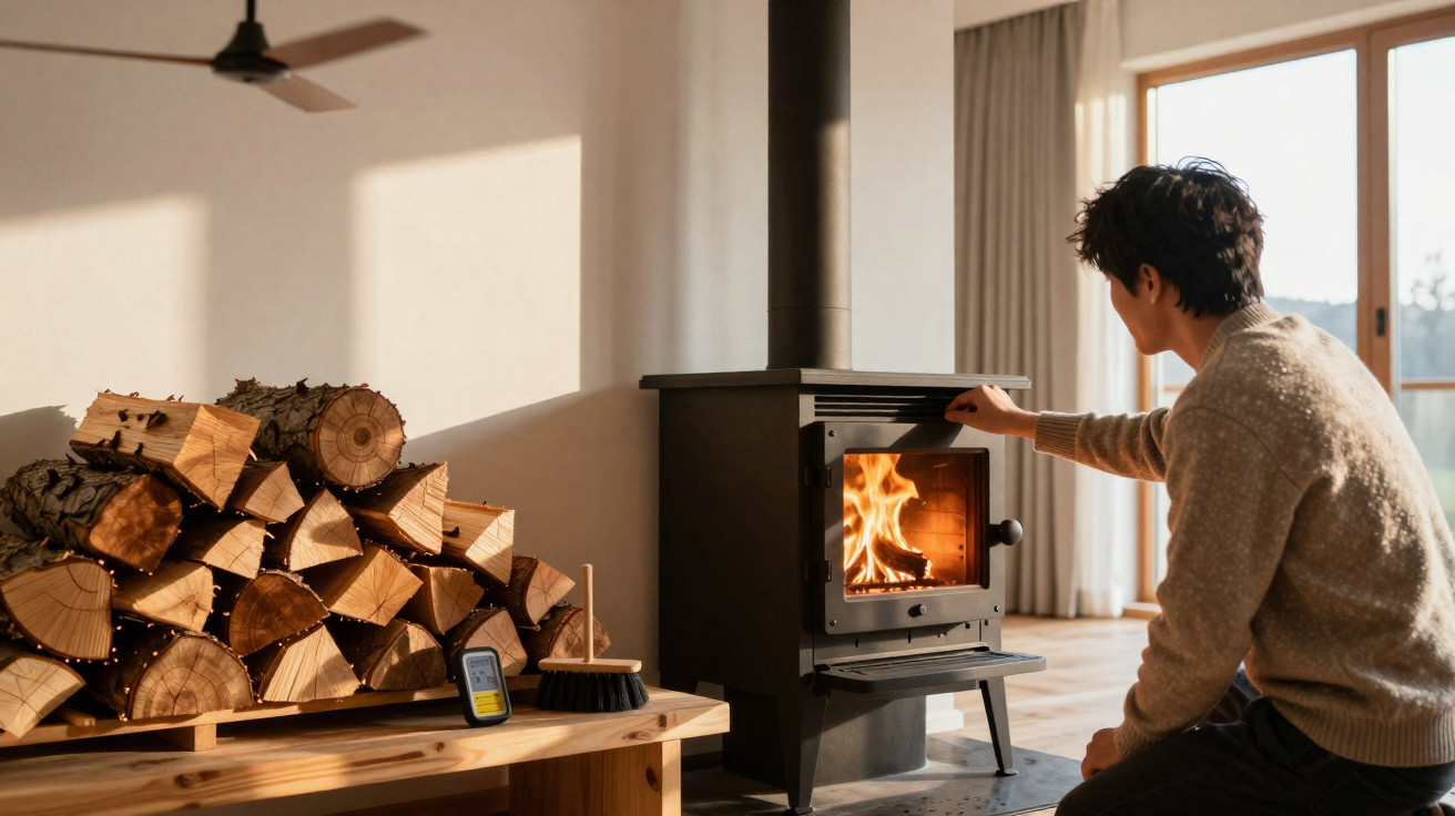 Person stoking a modern wood-burning stove in a cosy living room with stacked firewood and cleaning brush nearby.